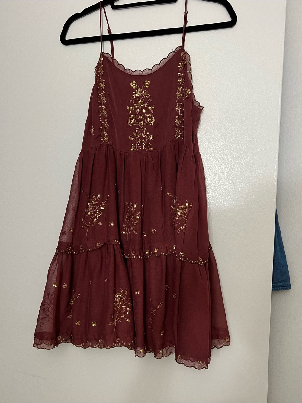 Urban Outfitters Burgundy Gold-Embroidered Tiered Dress